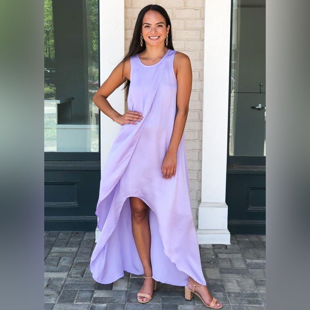 STARK X Sleeveless Satin Asymmetrical Tulip Maxi Dress Lavender Purple Sz XS